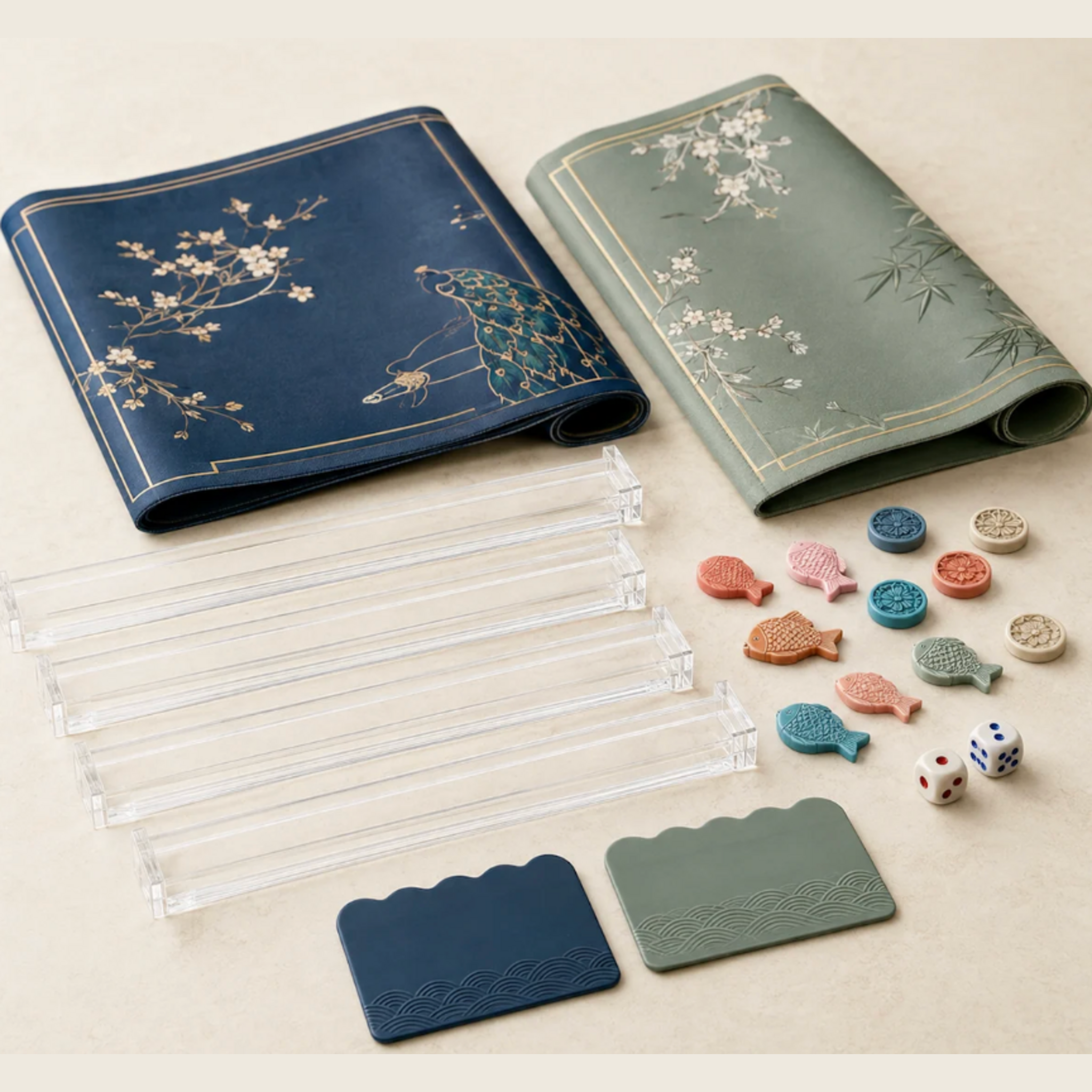 Muster Mahjong accessories — playing mats, acrylic racks, fish tokens, wind tokens and dice